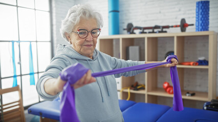 Senior woman exercising with resistance band in a bright physiotherapy clinic