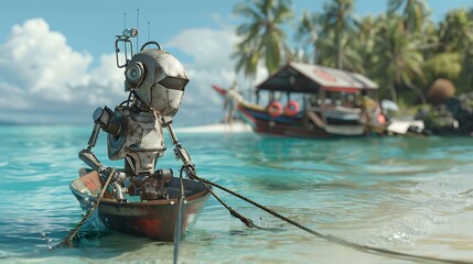 Obraz premium Capturing the essence of tradition and innovation a robot fishes from a traditional Indonesian boat with a stunning beach view demonstrating the harmony of old and new