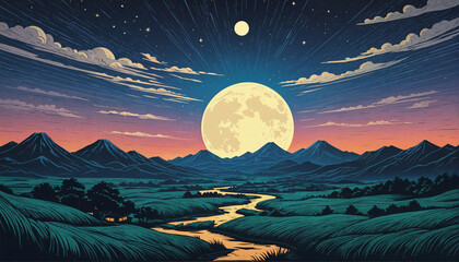 moonlit night sky over japan painting comic book style for background and ambience