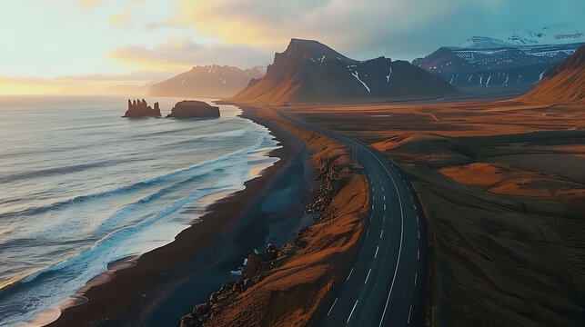 scenic road in Iceland, beautiful nature landscape aerial panorama, mountains and coast at sunset
