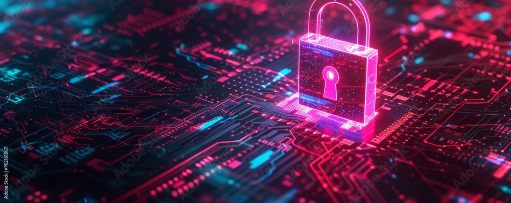 Aufkleber digital padlock on a circuit board with neon lights, cybersecurity and data protection concept