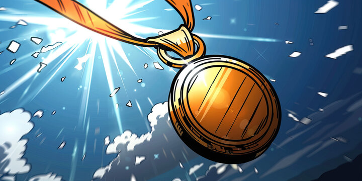 A gold medal sparkles against a bright blue background, beckoning the viewer to reach for their dreams