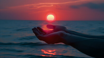 hands holding the sun at dawn