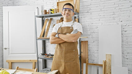 Naklejka premium Confident young hispanic man wearing safety glasses in a carpentry workshop.