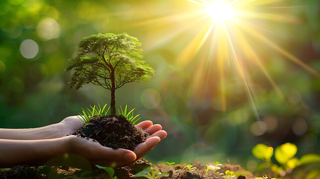 hand holdig big tree growing on green background with sunshine