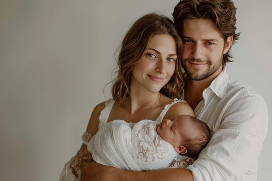Couple holding newborn baby, joyful bonding moment