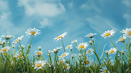 Wild daisies in the grass with a blue sky