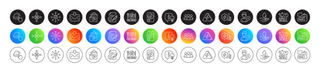 Buying house, Inclusion and Lamp line icons. Round icon gradient buttons. Pack of Sale bags, Group, Voting ballot icon. Pre-order food, Security lock, Hdd pictogram. Vector