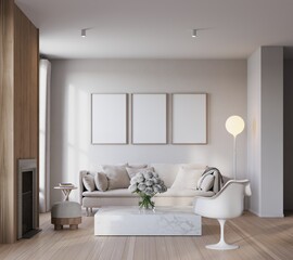 Mock up poster in livingroom interior background, Scandinavian style, 3D render