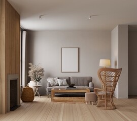 Mock up poster in livingroom interior background, Scandinavian style, 3D render