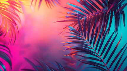 Tropical and palm leaves in vibrant bold gradient holographic neon  colors. Concept art. Minimal surrealism summer background.