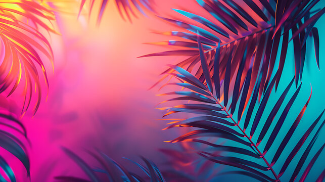 Tropical and palm leaves in vibrant bold gradient holographic neon  colors. Concept art. Minimal surrealism summer background.