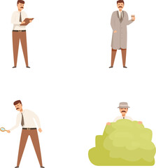 Vector illustrations of a cartoon detective in various poses including investigating and hiding