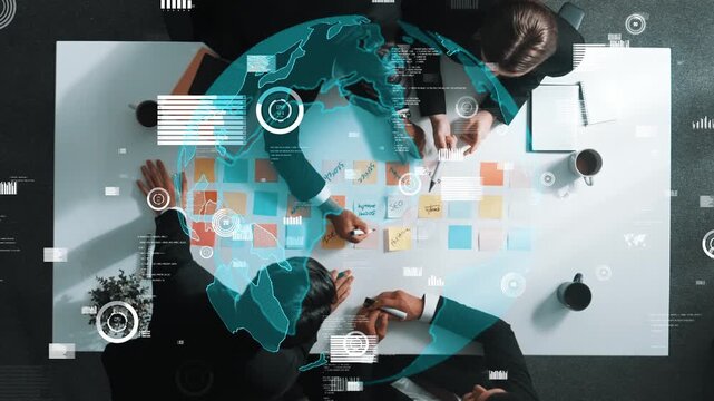 Top view of professional business team discuss about big data while project manager join meeting. Group of diverse people writing and brainstorm about global communication innovation. Directorate..