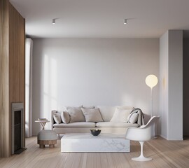 blank wall in livingroom interior background, Scandinavian style, 3D render