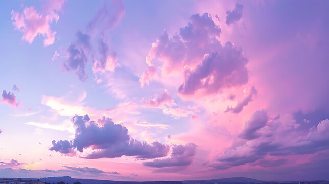Panoramic photo, view of a pink and purple sky at sunset. Sky panorama background, header and web banner