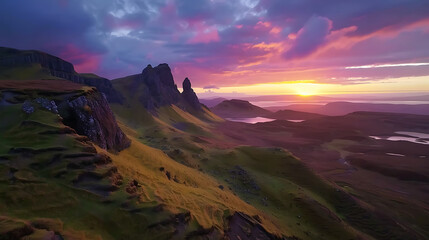 Obraz premium Quiraing mountains sunset at Isle of Skye, Scottland, United Kingdom