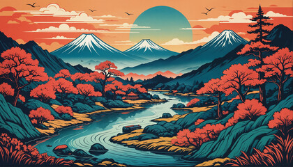 sun looking over mount fuji and other mountains, in japan, comic book style