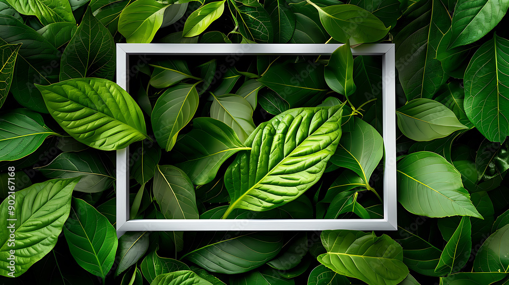 Poster nature background, abstract white frame in the leaves with copy space