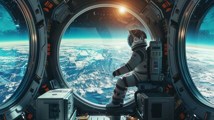 Futuristic Astronaut Exploring the Cosmos: A Journey Through the Galaxy with Earth in the Background