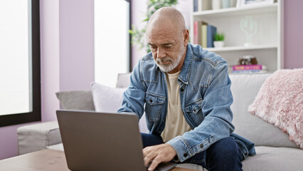 Mature bearded man using laptop in a cozy modern living room