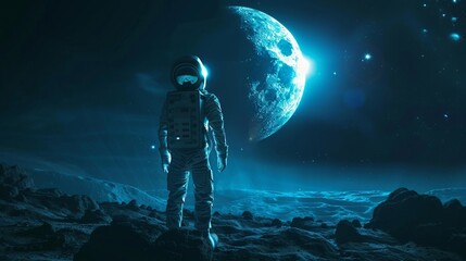 Fototapeta premium Futuristic Astronaut Exploring the Cosmos: A Journey Through the Galaxy with Earth in the Background