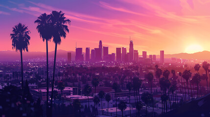 Los Angeles skyline with palm trees in the foreground