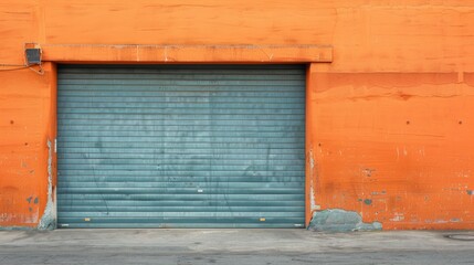 Orange wall with damaged concrete gray blue garage door closed and empty shutter text area vacant of people