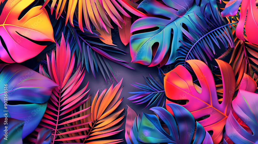 Poster exotic plants in bold rainbow colors. tropical layout mockup. background with painted leaves. minima