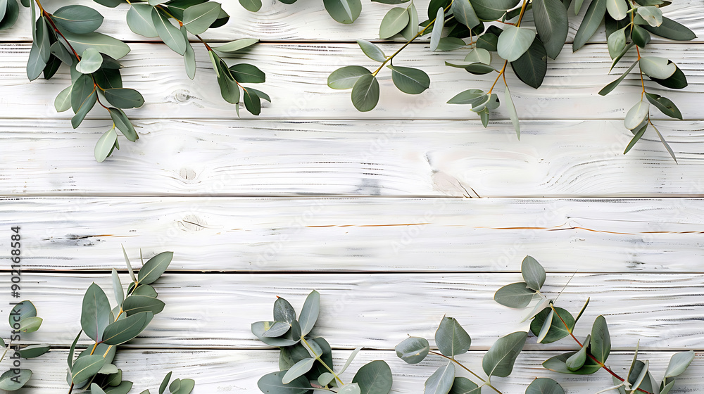 Poster eucalyptus branches and leaves on wooden rustic white background. minimal background eucalyptus on w