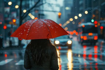 Person with a red umbrella walks through a rainy city street at dusk, with colorful lights reflecting on wet pavement.