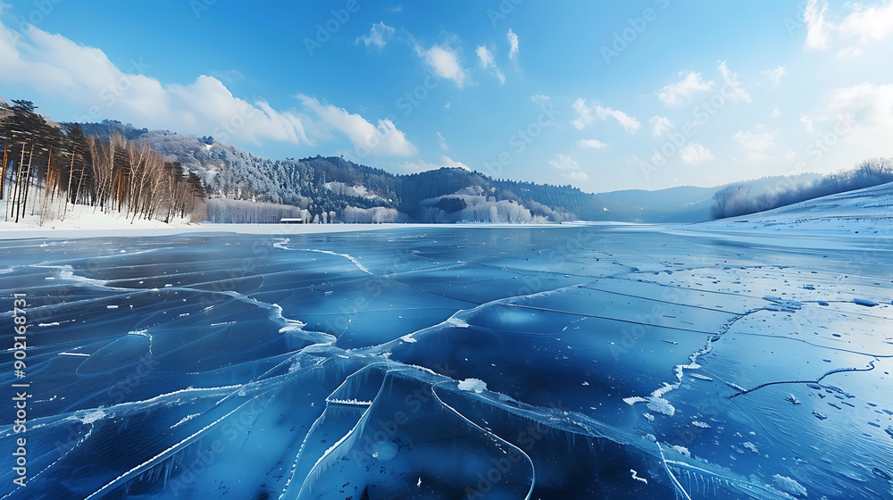 Poster abstract ice background. blue background with cracks on the ice surface