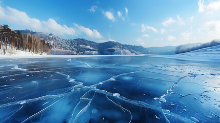Abstract ice background. Blue background with cracks on the ice surface