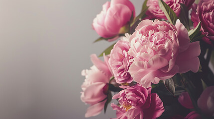 Obraz premium Fresh bunch of pink peonies and roses with copy space