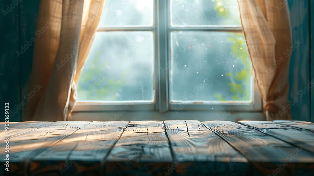 Poster background. wooden table on defocuced window with curtain
