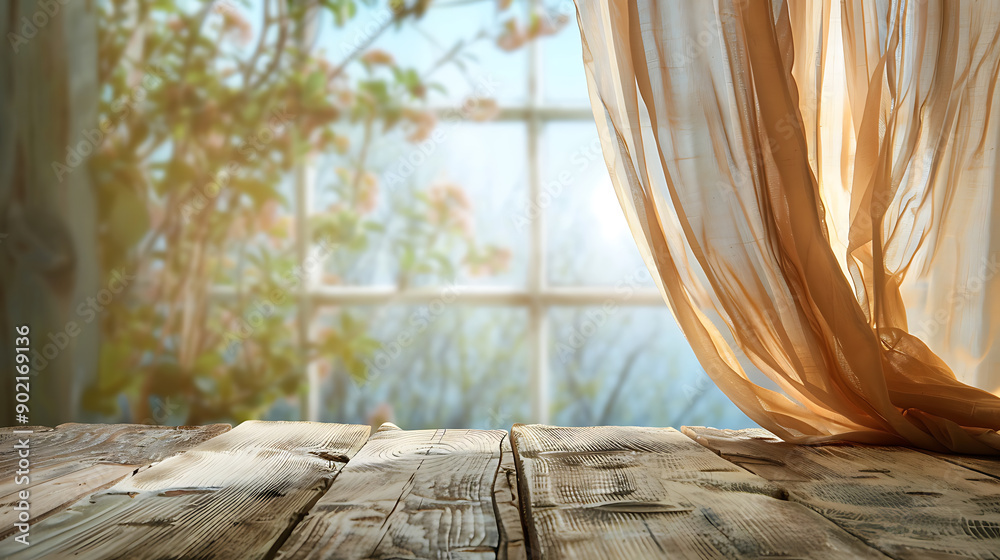 Poster background. wooden table on defocuced window with curtain