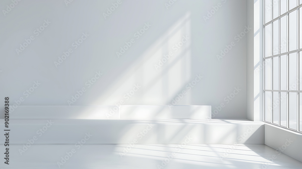 Aufkleber Abstract white studio background for product presentation. Empty room with shadows of window. Display product with blurred backdrop.