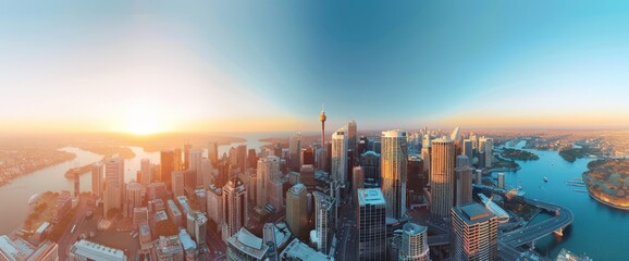 Sunset Skyline View of Cityscape with River and Bridge