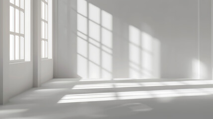 Fototapeta premium Abstract white studio background for product presentation. Empty room with shadows of window. Display product with blurred backdrop.