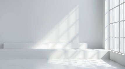 Obraz premium Abstract white studio background for product presentation. Empty room with shadows of window. Display product with blurred backdrop.