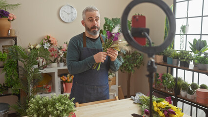 Bearded man arranging flowers in a shop, recording a tutorial with a smartphone on a ring light