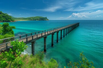 Obraz premium Scenic Ocean View with Pier and Clouds