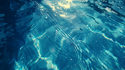 Blue water surface with bright sun light reflections, water in swimming pool background