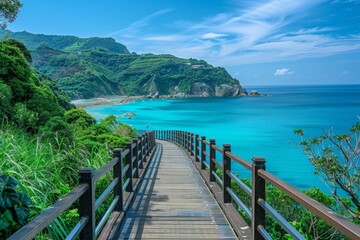 Obraz premium Cliffside Boardwalk Overlooking Clear Ocean and Coastal Forest