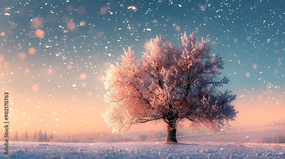 Poster beautiful tree in winter landscape in late evening in snowfall