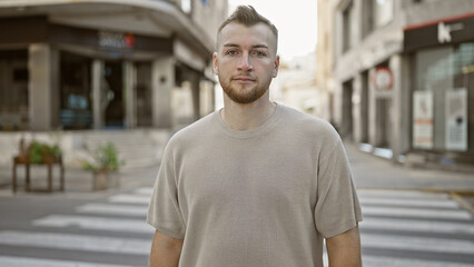 Bearded young caucasian man posing confidently outdoors on a city street, exemplifying urban lifestyle and fashion.