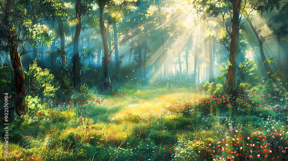 Poster beautiful forest in spring with bright sun shining through the trees