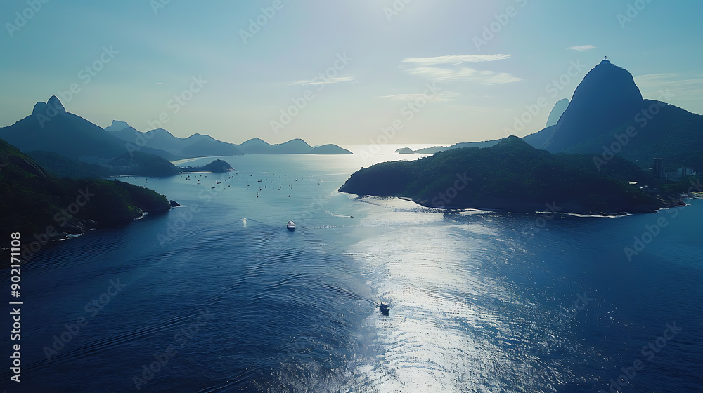 Poster aerial view of christ and botafogo bay from high angle.
