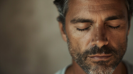 Obraz premium Man with closed eyes enjoying a moment of calm and relaxation. Close-up portrait capturing tranquility and peace