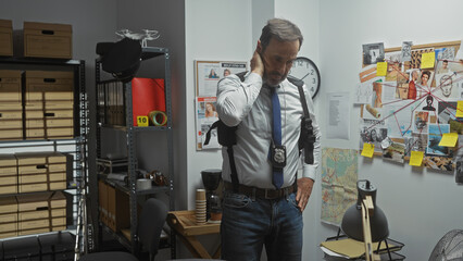 A mature man with a badge stands pensively in a cluttered detective office with evidence board and...